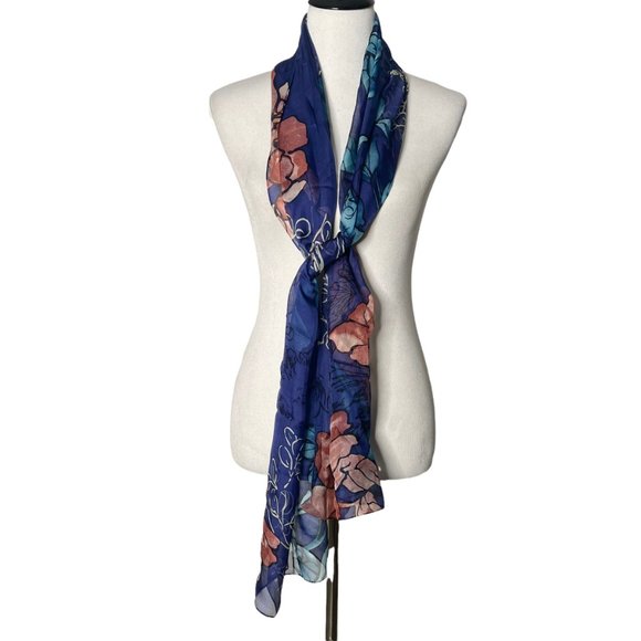 Vince Camuto Womens 100% Silk Scarf Floral Pattern Rectangle Blue Flowers 77" - Picture 2 of 10